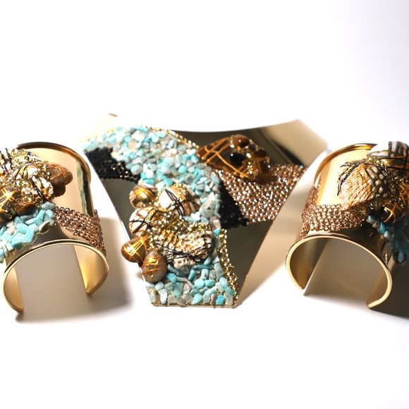 Gold Plated Choker 2 Bracelet and Earrings Set by Patricia Adelson - Picture 8 of 12